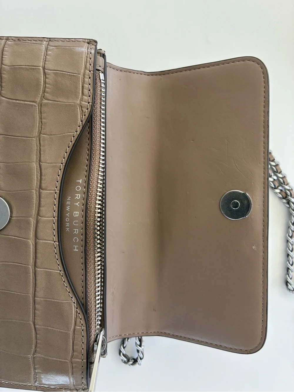 Tory Burch Taupe Croc-Embossed Chain Crossbody Bag